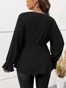 SHEIN Clasi Plus Overlap Collar Flounce Sleeve Peplum Tee - Black - View 2