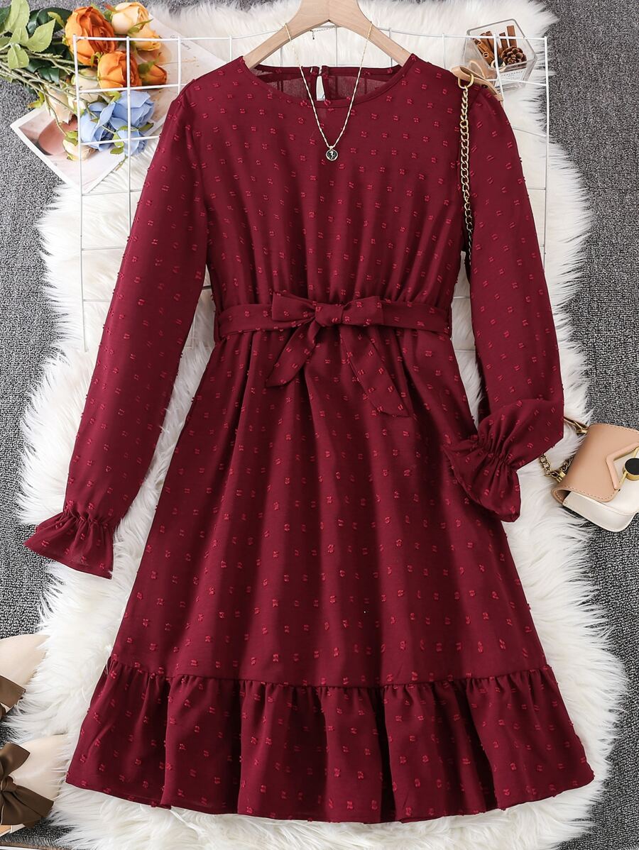 Đầm Gái Xù Viên lá sen màu trơn Giải trí - Màu Đỏ Sâu - Xem 1