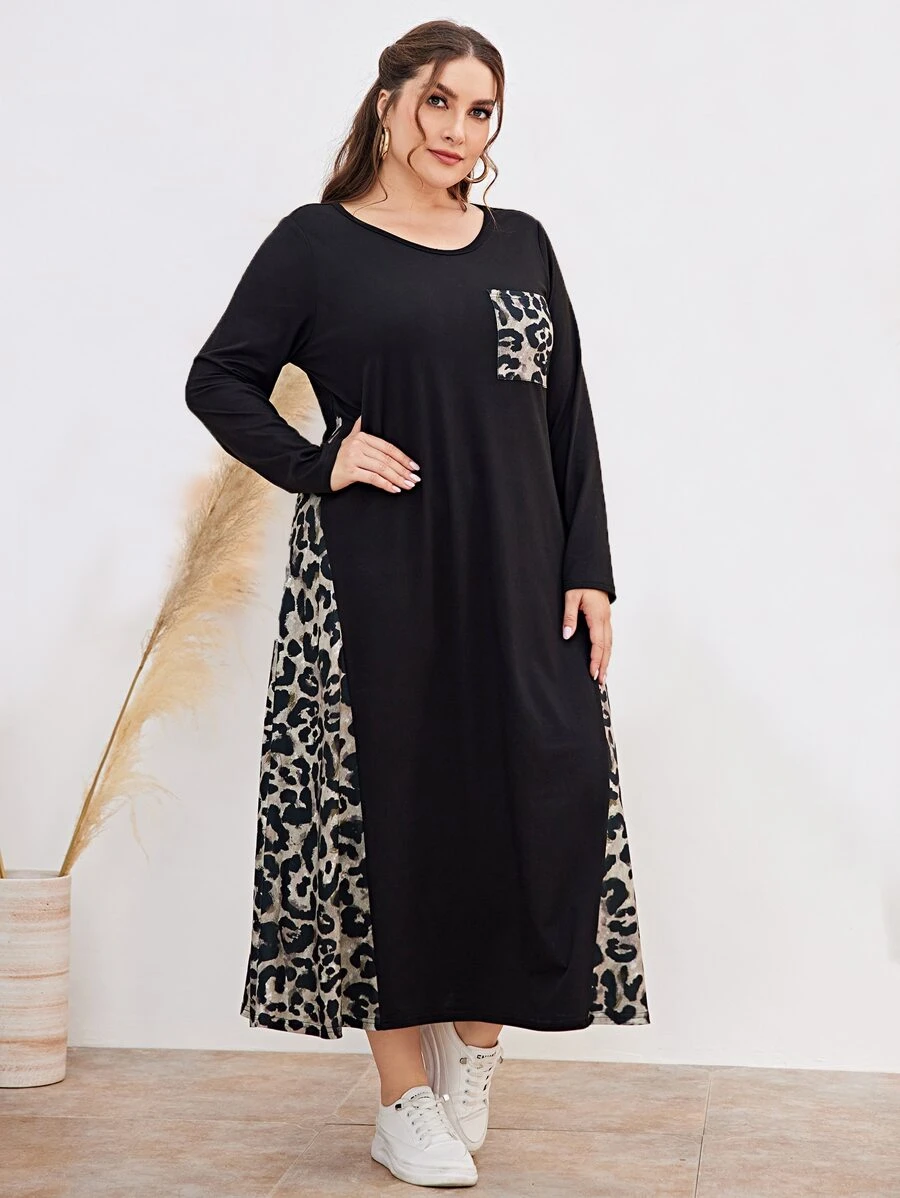 Mulvari Plus Leopard Print Pocket Patched Tee Dress - Black - View 1