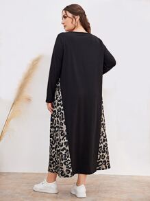 Mulvari Plus Leopard Print Pocket Patched Tee Dress - Black - View 2