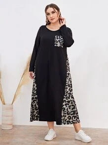 Mulvari Plus Leopard Print Pocket Patched Tee Dress - Black - View 3