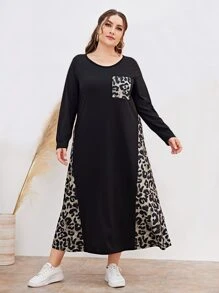 Mulvari Plus Leopard Print Pocket Patched Tee Dress - Black - View 5