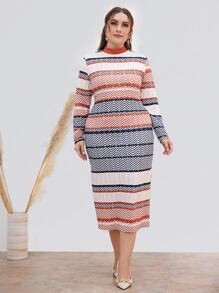 Modelyn Vestido ajustado con estampado de cheurón sin cinturón - Multicolor - Ver 6