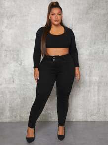 Plus High Waist Skinny Jeans - Black - View 4