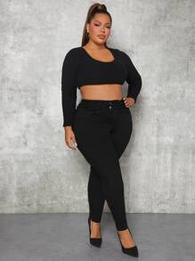 Plus High Waist Skinny Jeans - Black - View 5