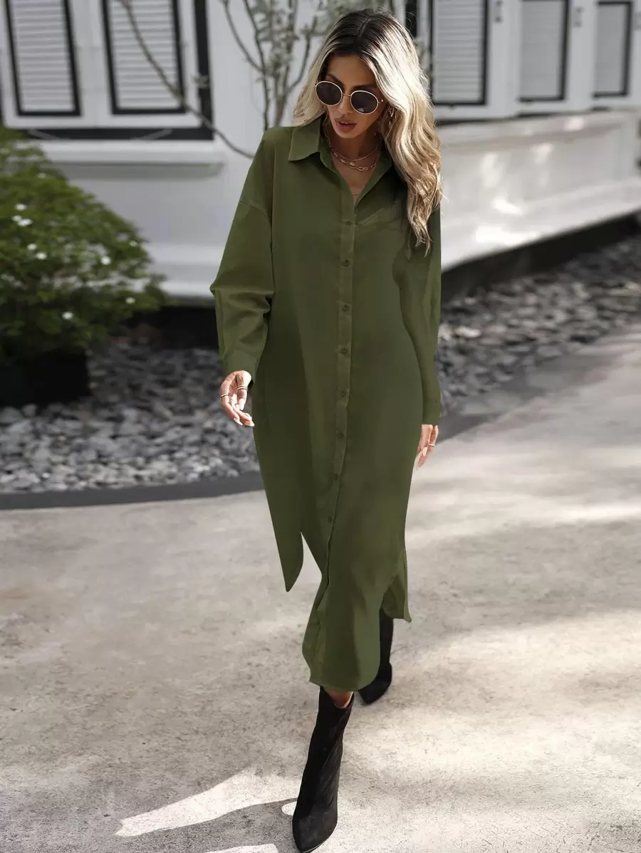 SHEIN LUNE Solid Button Front Shirt Dress Without Belt - Army Green - View 1