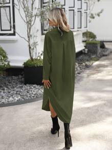 SHEIN LUNE Solid Button Front Shirt Dress Without Belt - Army Green - View 2