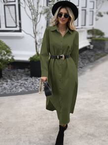 SHEIN LUNE Solid Button Front Shirt Dress Without Belt - Army Green - View 5