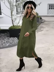 SHEIN LUNE Solid Button Front Shirt Dress Without Belt - Army Green - View 6