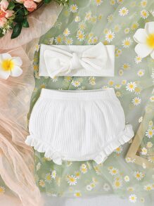 Bebé ribete con fruncido Shorts & con lazo delantero Diadema - Blanco - Ver 1