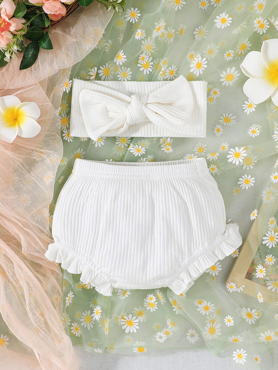 Bebé ribete con fruncido Shorts & con lazo delantero Diadema - Blanco - Ver 1