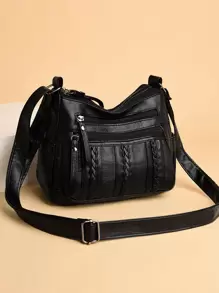 編織壓花人造皮革多口袋包素色輕便拉鍊編織細節流浪包 - 黑色 - 查看 1