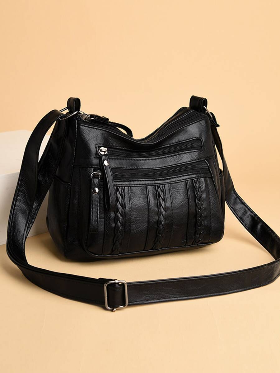 編織壓花人造皮革多口袋包素色輕便拉鍊編織細節流浪包 - 黑色 - 查看 1