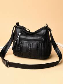 編織壓花人造皮革多口袋包素色輕便拉鍊編織細節流浪包 - 黑色 - 查看 2