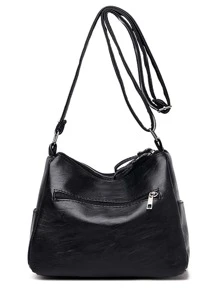 編織壓花人造皮革多口袋包素色輕便拉鍊編織細節流浪包 - 黑色 - 查看 4