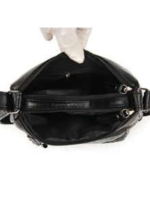 編織壓花人造皮革多口袋包素色輕便拉鍊編織細節流浪包 - 黑色 - 查看 5