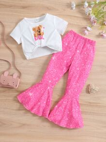 SHEIN 小女童小熊印花扭結下擺T恤和喇叭褲 - 彩色 - 查看 1