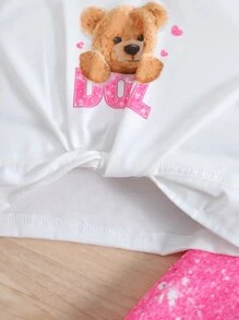 SHEIN 小女童小熊印花扭結下擺T恤和喇叭褲 - 彩色 - 查看 4