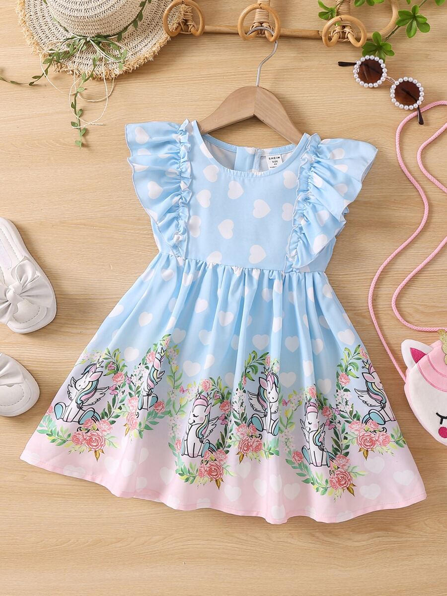Toddler Girls Unicorn & Heart Print Ruffle Trim Dress - Multicolor - View 1