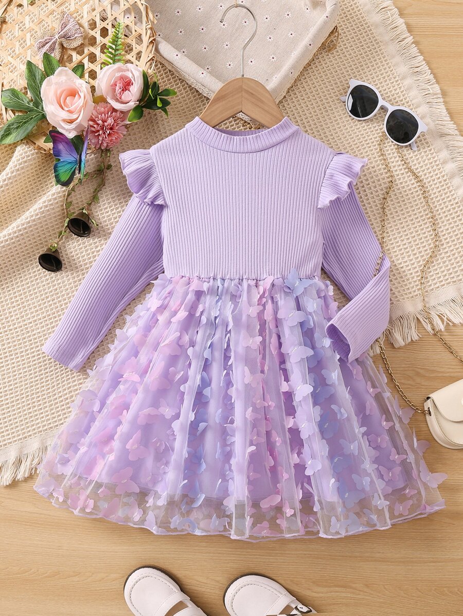 Toddler Girls Butterfly Appliques Ruffle Trim Contrast Mesh Hem Dress - Mauve Purple - View 1