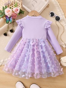 Toddler Girls Butterfly Appliques Ruffle Trim Contrast Mesh Hem Dress - Mauve Purple - View 2