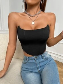 SHEIN SXY 素色短款抹胸上衣 - 黑色 - 查看 3