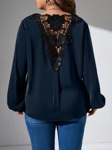 SHEIN LUNE Plus Guipure Lace Insert Lantern Sleeve Blouse - Navy Blue - View 2