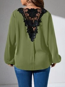 SHEIN LUNE Plus Guipure Lace Insert Lantern Sleeve Blouse - Olive Green - View 2