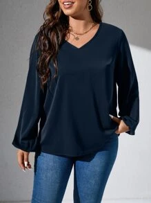 SHEIN LUNE Plus Guipure Lace Insert Lantern Sleeve Blouse - Navy Blue - View 5