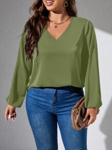 SHEIN LUNE Plus Guipure Lace Insert Lantern Sleeve Blouse - Olive Green - View 3