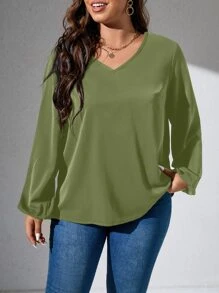 SHEIN LUNE Plus Guipure Lace Insert Lantern Sleeve Blouse - Olive Green - View 4