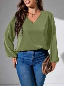 SHEIN LUNE Plus Guipure Lace Insert Lantern Sleeve Blouse - Olive Green - View 6