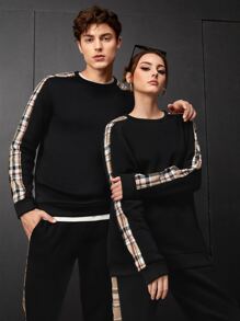 SWAVVY 1pc Plaid Print Sweatshirt & 1pc Joggers - Black - View 3