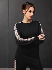 SWAVVY 1pc Plaid Print Sweatshirt & 1pc Joggers - Black - View 4