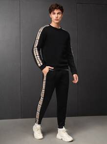 SWAVVY 1pc Plaid Print Sweatshirt & 1pc Joggers - Black - View 5
