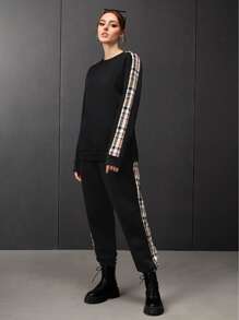 SWAVVY 1pc Plaid Print Sweatshirt & 1pc Joggers - Black - View 7