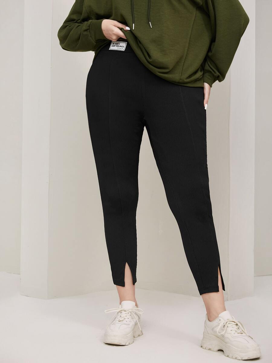 Mulvari Plus Letter Patched Detail Split Hem Leggings - Black - View 1