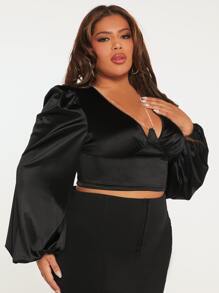 SHEIN SXY Plus Rhinestone Detail Lantern Sleeve Crop Satin Tee - Black - View 4