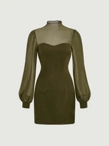 SHEIN MOD Contrast Mesh Mock Neck Lantern Sleeve Dress - Olive Green - View 1