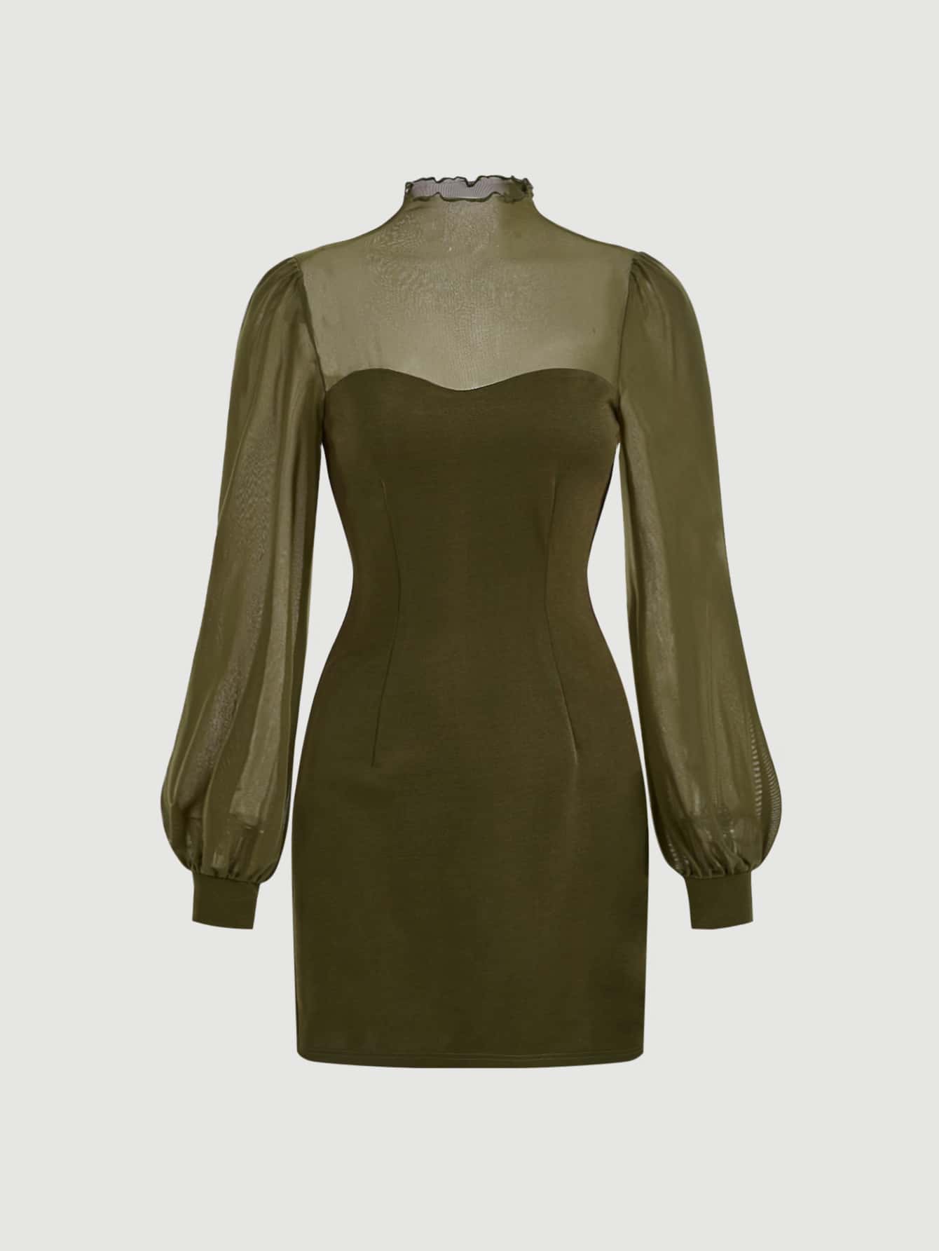 SHEIN MOD Contrast Mesh Mock Neck Lantern Sleeve Dress - Olive Green - View 1