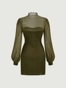 SHEIN MOD Contrast Mesh Mock Neck Lantern Sleeve Dress - Olive Green - View 7