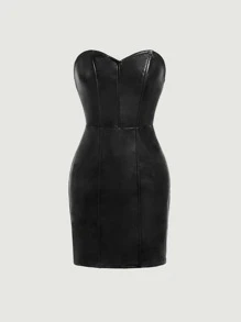 SHEIN MOD Zip Back PU Leather Tube Dress - Black - View 1