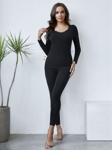 Scallop Lace Trim Solid Thermal Underwear Set - Black - View 1
