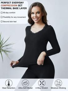 Scallop Lace Trim Solid Thermal Underwear Set - Black - View 2