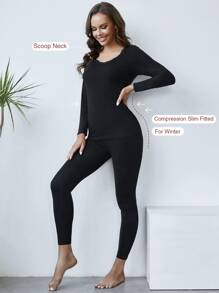 Scallop Lace Trim Solid Thermal Underwear Set - Black - View 3
