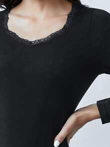 Scallop Lace Trim Solid Thermal Underwear Set - Black - View 5