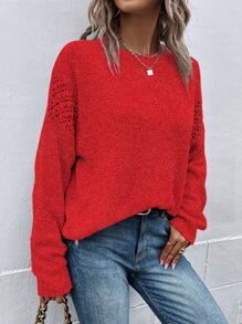 SHEIN LUNE Pointelle Knit Drop Shoulder Jumper - Red - View 1
