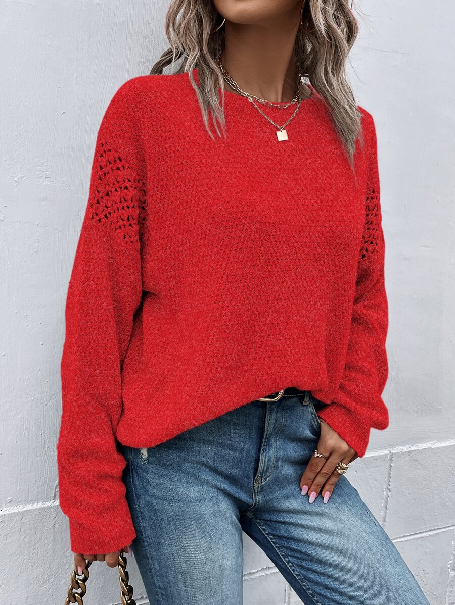 SHEIN LUNE Pointelle Knit Drop Shoulder Jumper - Red - View 1