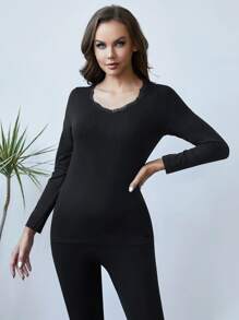 Scallop Lace Trim Solid Thermal Underwear Set - Black - View 6