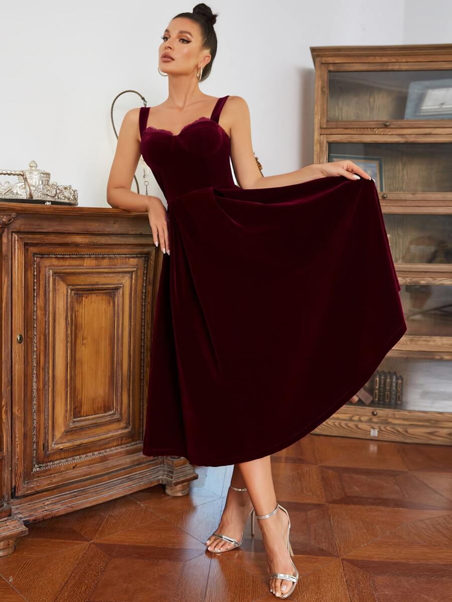 睫毛蕾絲邊褶皺絲絨吊帶連衣裙 - 紫紅色 - 查看 1